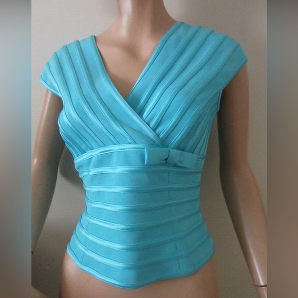 JS Collections Tops - JS Collections Blue Ribbed Wrap Cap Sleeve Blouse